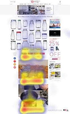 Screenshot of an Apartment Therapy article page with a heatmap overlay highlighting user attention on images of glass jars and steps for removing labels, plus ads and sidebar content on the right.