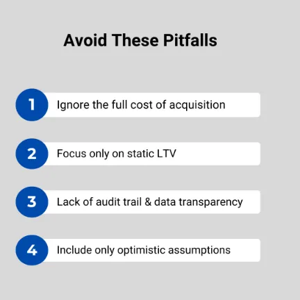 Graphic listing common pitfalls in LTV and CAC analysis, including ignoring full acquisition costs, relying on static LTV, lack of data transparency, and overly optimistic assumptions.