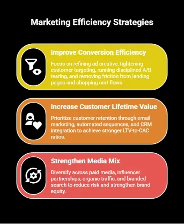 Framework outlining three marketing efficiency strategies: improving conversion efficiency, increasing customer lifetime value, and strengthening media mix diversification.