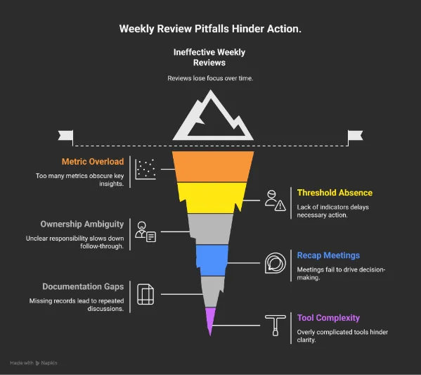 Dark infographic titled “Weekly Review Pitfalls Hinder Action” showing a funnel/mountain graphic and common issues that make weekly reviews ineffective: metric overload, ownership ambiguity, documentation gaps, threshold absence, recap meetings, and tool complexity.
