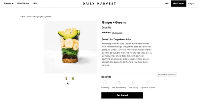 Ecommerce product page for Daily Harvest’s “Ginger + Greens” smoothie featuring a layered smoothie image with ingredients like banana, avocado, and greens. The page includes product description, customer reviews, health benefits icons, and a “Get Started” call-to-action button.