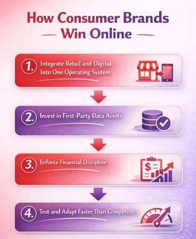 Infographic outlining four strategies for consumer brands to succeed online: integrating retail and digital into one operating system, investing in first-party data assets, enforcing financial discipline, and testing and adapting faster than competitors.