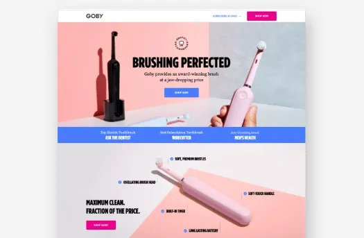 Ecommerce landing page for Goby electric toothbrush featuring a split-color design with black and pink toothbrush models, bold headline “Brushing Perfected,” product benefits, and call-to-action buttons like “Shop now.”