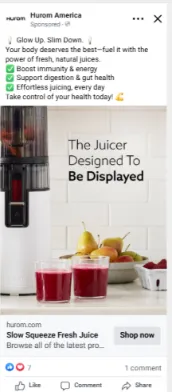 A clean, lifestyle-style social media ad for a Hurom juicer featuring a modern kitchen setup with fresh juice, fruits, and the juicer on display. The text highlights benefits like better nutrition, reduced waste, and daily juicing, alongside a call-to-action button “Shop now.”