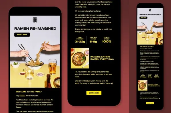 Mobile-optimized landing page for Immi ramen featuring bold headline “Ramen Re-Imagined,” lifestyle imagery of chopsticks lifting noodles, brand story text, and highlighted benefits like high protein, low net carbs, and plant-based ingredients, with a call-to-action button.