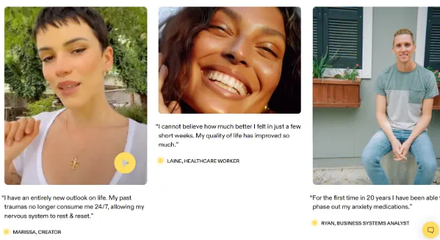 Section of a Mindbloom webpage featuring video and written testimonials from patients describing improvements in quality of life, reduced trauma symptoms, and decreased reliance on anxiety medications after treatment.