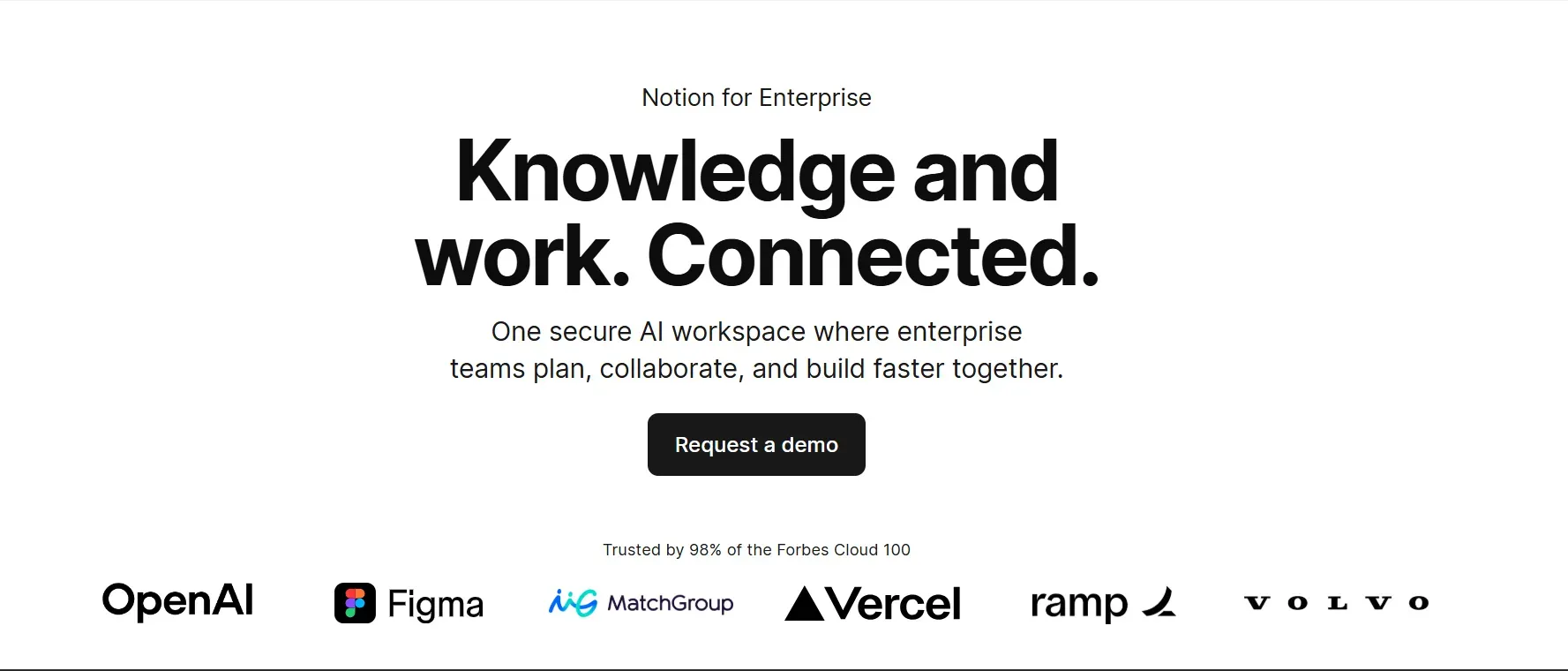 Notion for Enterprise webpage promoting a secure AI-powered workspace where teams can plan, collaborate, and build together, with a request demo button and logos of companies like OpenAI, Figma, Vercel, Ramp, and Volvo.