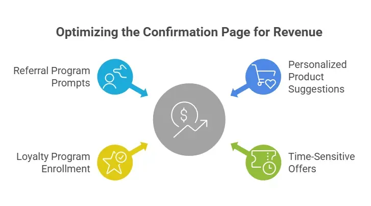 Diagram illustrating strategies to increase revenue on a confirmation page, including referral program prompts, personalized product suggestions, time-sensitive offers, and loyalty program enrollment.