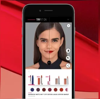 Smartphone screen displaying a virtual makeup try-on feature that lets users preview different lipstick shades on a woman’s face using augmented reality before purchasing.