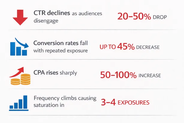 Infographic showing effects of ad fatigue including CTR decline, lower conversion rates, rising CPA, and optimal frequency saturation levels.