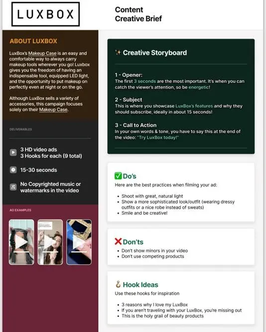 Creative brief outlining LuxBox video content guidelines, including storyboard structure, do’s and don’ts, deliverables, and hook ideas for social media ads.