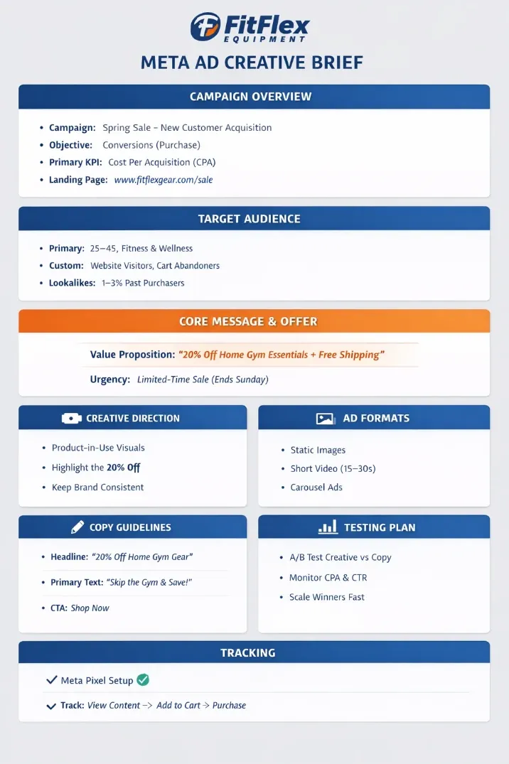Structured Meta ad creative brief outlining campaign goals, target audience, offer, creative direction, ad formats, copy guidelines, testing plan, and tracking setup for a fitness brand.