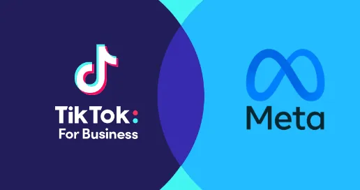 Split graphic comparing TikTok for Business and Meta platforms with both logos side by side, representing digital advertising ecosystems.