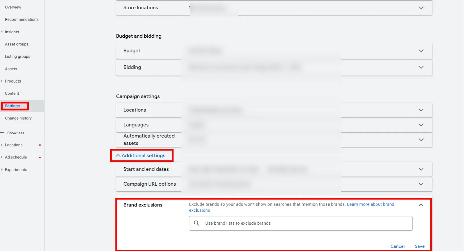 A screenshot of the Google Ads campaign settings interface highlighting the “Brand exclusions” feature within “Additional settings.” Red boxes emphasize the navigation path and the expandable Brand Exclusions section, where advertisers can prevent their ads from appearing on searches related to specific brands. The interface includes a search field labeled “Use brand lists to exclude brands” and buttons for saving or canceling changes. The image demonstrates where to configure brand exclusions in a Google Ads campaign setup.