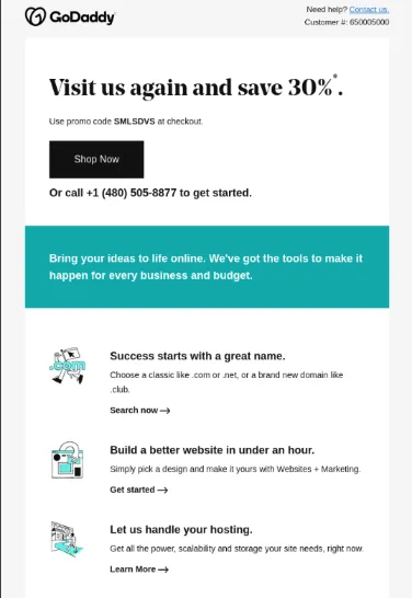 GoDaddy marketing email offering a 30% discount and promoting domain registration, website building, and hosting services.