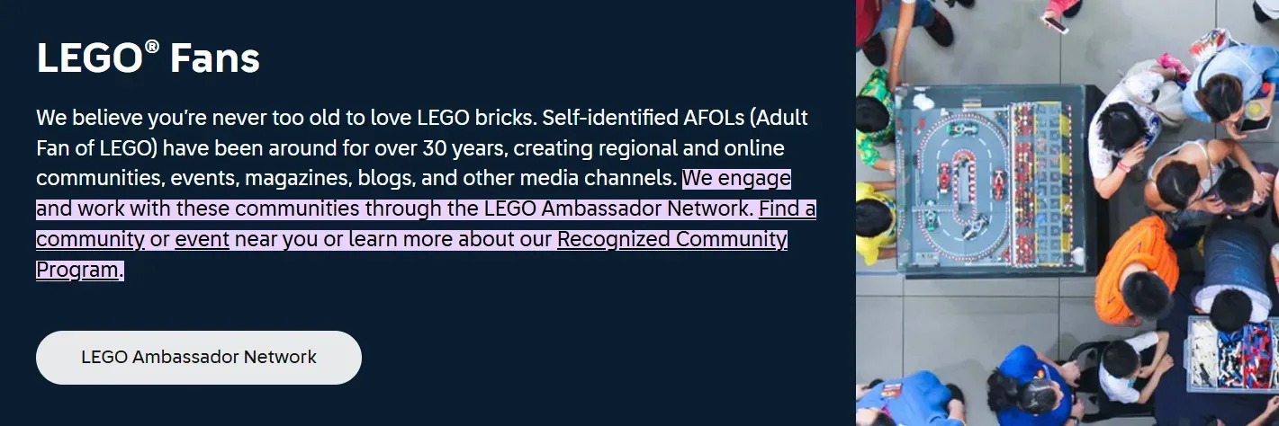 LEGO Fans community page highlighting the LEGO Ambassador Network and adult LEGO fan communities worldwide