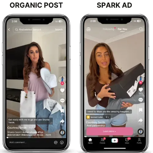 Side-by-side comparison of an organic TikTok post and a TikTok Spark Ad, highlighting the differences in appearance, engagement features, and paid promotion labels.