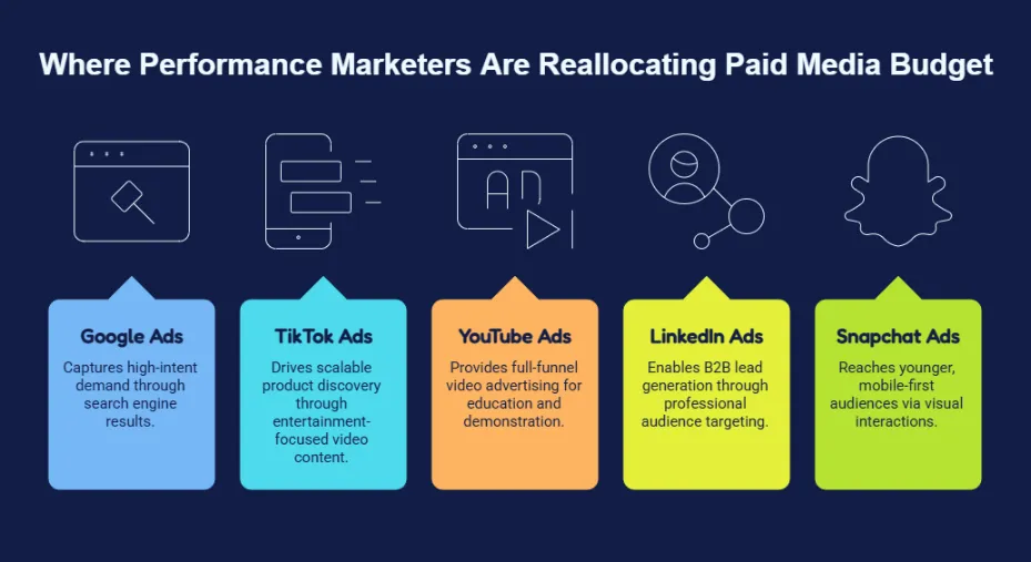 Infographic showing five paid media channels marketers are shifting budget toward beyond Facebook Ads: Google Ads for high-intent search, TikTok Ads for product discovery, YouTube Ads for video advertising, LinkedIn Ads for B2B lead generation, and Snapchat Ads for younger mobile audiences.