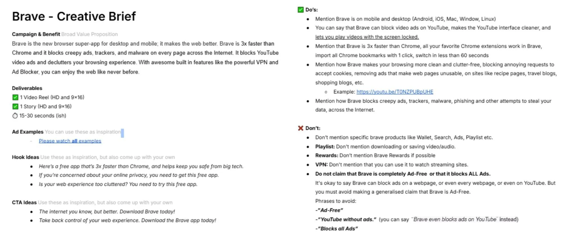 Example creative brief for Brave outlining campaign messaging, deliverables, hook and CTA ideas, plus creator do’s and don’ts.