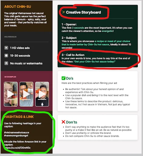 Example UGC creator brief for Chin-Su hot sauce outlining deliverables, storyboard, call to action, hashtags, and filming guidelines.